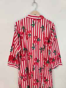 Vestido Casual de Algodón con Estampado de Frutas y Rayas Rojas, Cuello en V, Manga Larga, Ligero, Transpirable, Elegante para Verano - Product Image 5