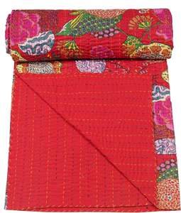 Red Fruit Print Kantha <b>Quilt</b> Handmade Indian <b>Bedding</b> Bohemian Beddspread Throw Blanket Bedspread Cotton Boho Quilting Hippie - Product Image 5