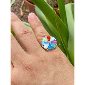 Anillo de Sello Zuni Hecho a Mano con Incrustaciones de Piedras Múltiples y Plata de Ley Invisible, Bañado en Rodio, Estilo Moderno, Talla 7.5, Regalo - Product Image 2