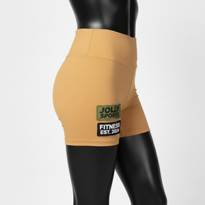 กางเกงขาสั้นบั้นท้ายทรงสวยสำหรับผู้หญิง ผ้าโพลีเอสเตอร์ผสมสแปนเด็กซ์เนื้อเนียน สีเบจคาเมล เอวสูง โลโก้แบบรีดร้อน - Product Image 3