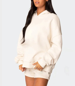 Conjunto de Sudadera con Capucha Extra Grande y Pantalones Cortos para Mujer, Informal, de Invierno, Tejido Sólido, 100% Algodón, Impresión por Transferencia de Calor - Product Image 3