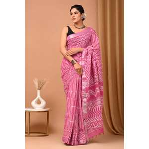 Sari en lin 100% coton tissé à la main slub éco-conscient avec chemisier imprimé bloc dessiné à la main pour adultes - Product Image 1