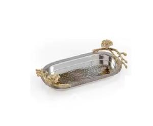 Luxury <b>Decorated</b> Metal Chocolates Serving <b>Tray</b> <b>Silver</b> Glossy Finished With Golden Handle Amazing Look Food Serving <b>Tray</b> - Product Image 2