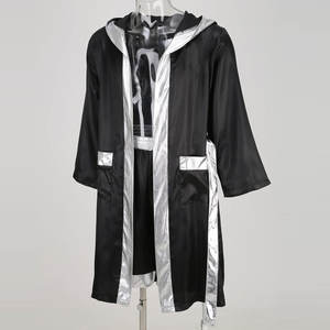 Black-Color Silver-Lining Top Selling Best Quality Kick Boxing-Gown With Hood-Silver Belt Boxing Robes Custom Fighting-<b>Dress</b> - Product Image 5