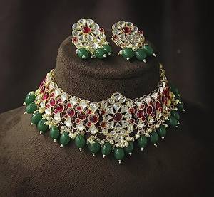 Kundan CZ Choker Set Sabyasachi Inspired Victorian Necklace Green Emerald Jewelry AD Necklace Indian Jewelry With Earrings Set - Product Image 1
