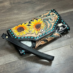 Cartera de Mano de Cuero Genuino con Diseño de Girasol, Estilo Occidental, de Lujo, con Múltiples Ranuras para Tarjetas, Protección RFID, Correa Larga para la Muñeca, para Mujer - Product Image 1