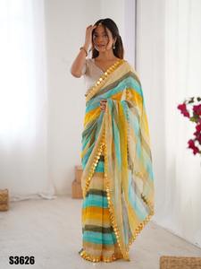 Look élégant Festival Wear couleur incroyable excellente mousseline de soie de haute et meilleure qualité Leheriya imprimé avec des saris de travail coupés en miroir - Product Image 6