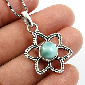 Bohemian Design Luxury <b>Hand</b> Crafted 925 Sterling Silver Natural Larimar Gemstone Flower Shape Classy Pendant Handmade Jewelry - Product Image 2