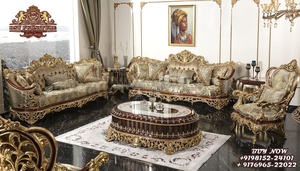 Premium Teak Wood Carved <b>7</b> <b>Seater</b> <b>Sofa</b> Set Royal Drawing Room <b>Sofa</b> Set Gold Finish European Hand Crafted Living Room <b>Sofa</b> Set - Product Image 4