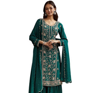 Vente en gros de sequins vert sarcelle Cutdana Kurta Sharara avec Dupatta pour réception de fête de mariage et commande ethnique personnalisée - Product Image 2
