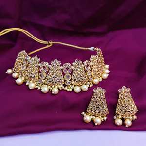 Bijoux indiens Bollywood Fausse perle cristal collier ras du cou boucles d'oreilles ensemble de bijoux de mariage pour femmes filles - Product Image 1