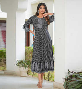 Kurta Anarkali de Rayón con Estampado Geométrico Jamdani Negro para Mujer, con Cuello Redondo y Mangas 3/4, Diseñada para un Uso Cómodo - Product Image 1