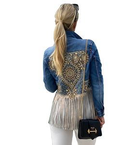Chaqueta de Mezclilla Tipo Bomber para Mujer, Diseño Étnico Tradicional con Bordado y Flecos, Hecha a Mano, Estilo Artístico, Invierno, Algodón - Product Image 2
