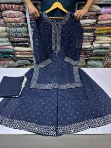 Conjunto étnico confeccionado paquistaní para mujer, conjunto de 3 piezas Sharara con bordado de tela Georgette India Dupatta, trabajo de boda - Product Image 4