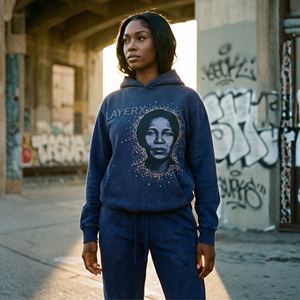 Sudadera con Capucha y Pantalones Deportivos de Algodón Estampado Ligero para Mujer, Talla Grande, Lavado Vintage, con Pedrería, Ropa Urbana, Venta al Por Mayor Personalizada - Product Image 5