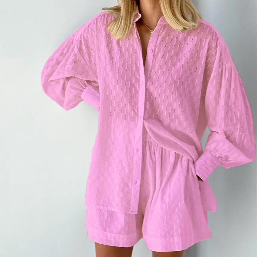 Mujer verano Casual dos piezas Puff manga Jacquard camisa y conjuntos cortos de algodón ropa de mujer tejido suelto impresión Digital