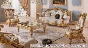 Juego de sofá de salón de 5 plazas de estilo italiano, muebles de sala de estar al por mayor tallados en madera, sofá de sala de estar elegante pulido dorado - Product Image 6
