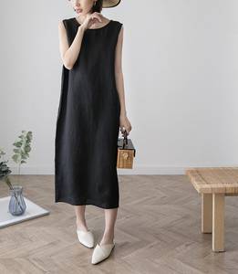 ชุดเดรสมิดิวินเทจของผู้หญิงชุดผ้าลินิน100% เข้ารูปคอแบบสั่งตัดได้ผ้าทอแขนกุดตรงแขนกุดผ้าทอลวดลายธรรมชาติที่ทันสมัย - Product Image 2