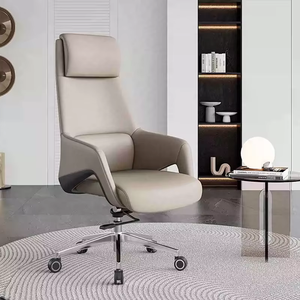 Chaise de bureau ergonomique moderne à dossier croisé, réglable en hauteur, pivotante, avec base en acier inoxydable et aluminium, en cuir véritable, inclinable - Product Image 5