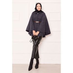 Poncho Antracita con Cinturón y un Solo Botón, Tejido, Abrigo de Invierno - Product Image 6
