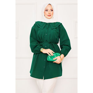 Camisa Hijab Verde Esmeralda con Doble Cuello y Cintura Ajustable con Cordón, Blusa Modesta - Product Image 2