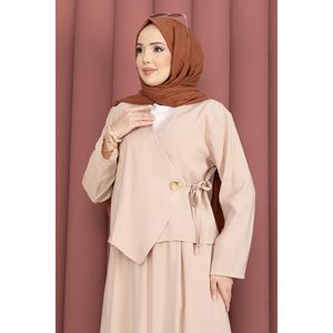 Conjunto de Dos Piezas en Crepé Beige para Mujer, Falda Kimono con Lazos Laterales y Blazer, Atuendos de Otoño, Talla XS - Product Image 2