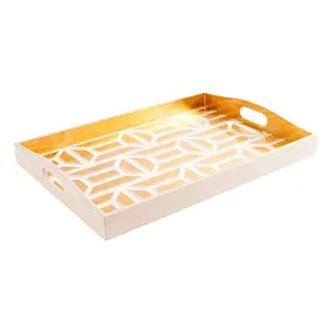 High end quality handcrafted OEM ODM styles lacquer vanity tray in white & gold rectangle lacquered serving trays from Vietnam