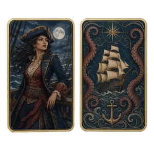 Carta da Collezione in Metallo Bifacciale con Ancora di Galleon della Regina Pirata, Cornice Dorata, Bussola, Kraken, Luna Nautica - Regalo - Product Image 1