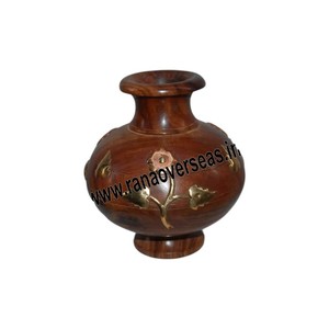 Vase à fleurs en bois fait main marron avec incrustation en laiton pour restaurant hôtel et décoration de la maison - Product Image 4