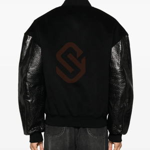 Blouson d'aviateur en cuir noir pour hommes élégants en relief de crocodile grande taille peau exotique Reptile College vestes d'aviateur en cuir - Product Image 5