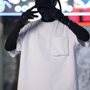 T-shirt à manches courtes surdimensionné à col en O personnalisé, impression de poche, logo, unisexe, sérigraphié pour hommes avec poche, usine chinoise - Product Image 6