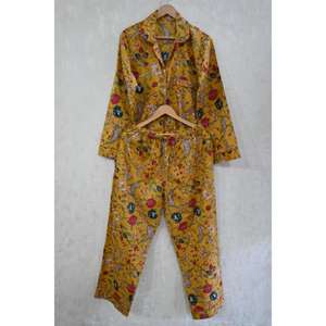 Conjunto de Pijama de Algodón Estampado a Mano Indio, Estampado Floral, Traje de Noche Informal de Lujo para Mujer, Mangas Largas, Transpirable, Suave y de Secado Rápido - Product Image 3