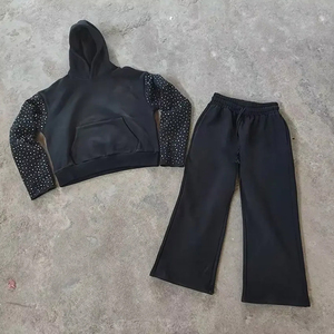 Rhinestone Hoodie And Sweat Pant Tracksuit Breathable Poly Cotton Streetwear Two Piece Set Wholesale OEM Factory - Product Image 2