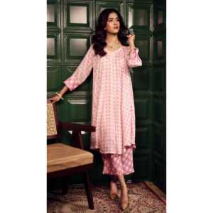 Conjunto de Kurta de Chifón Rosa Aurora con Estampado Floral y Cintura Natural, Cómodo - Product Image 2