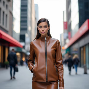 Chaquetas con cremallera de cuero genuino de motorista de ajuste regular para mujer al por mayor | Chaqueta de cuero de motocicleta personalizada de punto alto de algodón - Product Image 4