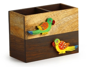 Birds Of A Feather Cubiertos Cum Servilletero en Sheesham y Mango Madera Utensilio de madera Caddy Encimera Cubiertos Titular - Product Image 6