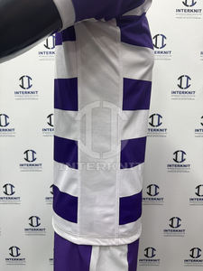 Uniforme de rugby sublimé de haute qualité, respirant, à séchage rapide, maillot et short de rugby rayés violet et blanc pour l'entraînement en équipe - Product Image 3