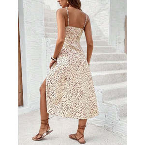 Vestido midi Supreme con estampado floral, cuello en V ancho con tiras, abertura lateral con cordones, para mujer, 25464 - Blanco - Product Image 4