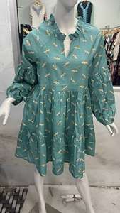 Vestido de algodón 100% para mujer con estampados coloridos Sexy con cuello en V Diseño de abertura de manga larga Tejido con cintura natural - Product Image 4