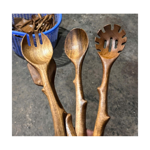<b>Wooden</b> <b>Spoon</b> <b>Set</b> for Cooking and Serving - Handcrafted Natural Utensils for Kitchen Use - Long Handle Solid Wood - Product Image 1