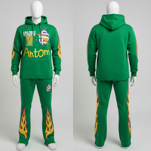 Ensemble survêtement vert personnalisé pour homme, sweat-shirt et pantalon avec impression sérigraphique, streetwear, tenue deux pièces, vêtements de sport décontractés - Product Image 4