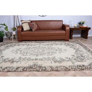 Turkish Rug, 6x9.6 ft Vintage Rug, <b>Brown</b> White Floral <b>Wool</b> Rug - Product Image 5