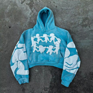 เสื้อฮู้ดกราฟิกแบบกำหนดเองคุณภาพสูงผ้าคอตตอนพิมพ์ลายหน้าจอการเย็บปะติดปะต่อกันดีไซน์หนักปักไหล่ตกสไตล์บ็อกซี่สไตล์วินเทจ - Product Image 1