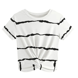INDEX APPAREL Women's White Striped Crop <b>Top</b> Crew Neck Short Sleeve Knitted Casual T-Shirt Spring Summer Wear - Product Image 4