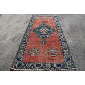 Vintage Turkish Rug, 4.8x10.3 ft Rug, <b>Red</b> Blue Ikat <b>Wool</b> Rug - Product Image 1