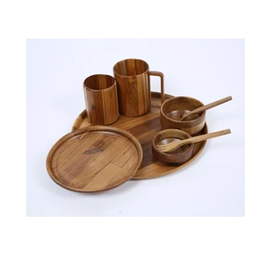 Juego de cena de madera 2 cuencos 1 cuchara 1 plato de cargador redondo de vidrio Juego de 5 piezas para el hogar y los restaurantes Juego de cena - Product Image 5