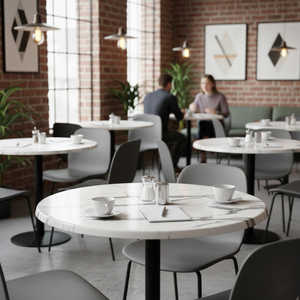 Table ronde de qualité commerciale, aspect marbre blanc, avec plateau renforcé en composite de pierre, pour usage intérieur et extérieur - Product Image 2