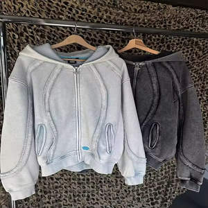 OEM Custom Distressed Vintage Heavyweight 100% Cotton French Terry Oversized <b>Zip</b> <b>up</b> <b>Men's</b> Hoodies - Product Image 1