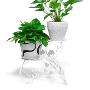 <b>White</b> <b>Metal</b> Decorative Two Pot Plant Stand With Floral Leaf Design For Indoor Home Decor - Product Image 1