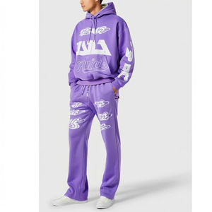 Conjunto Deportivo de Hombre al por Mayor de Alta Calidad para Invierno, 100% Algodón, Estilo Holgado, Lavado, con Estampado Puff, Pantalones Acampanados, Manga Larga Vintage - Product Image 2